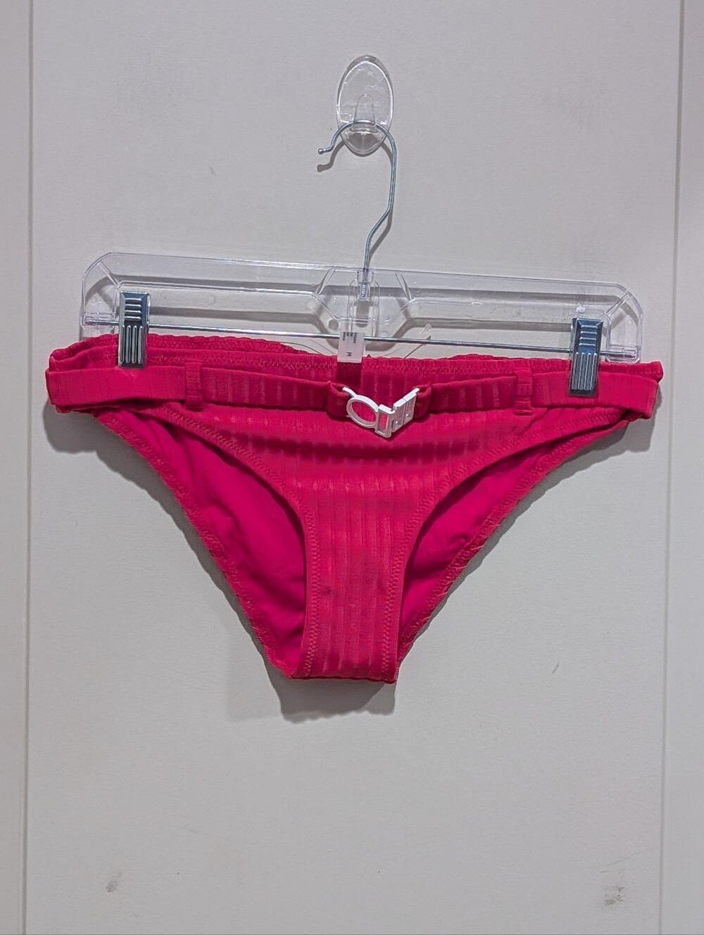 SOLID & STRIPED Pink Ribbed Bikini Bottom with Decorative Belt Medium